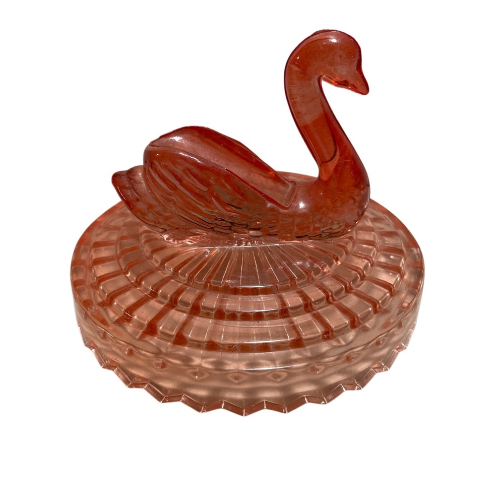 Jeannette Glass Amberina Swan Powder Jar Lid Lipstick Holder Vintage ‎ 5" Dia.